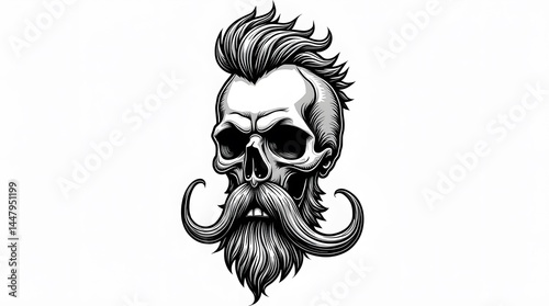 Monochrome skull illustration with mohawk and beard. Ideal for edgy designs, tattoo art, or alternative merchandise.