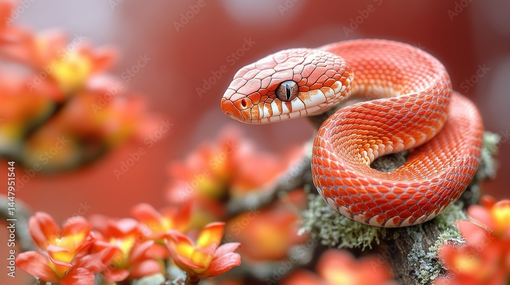 Fototapeta premium Red snake coiled on a branch among blossoms