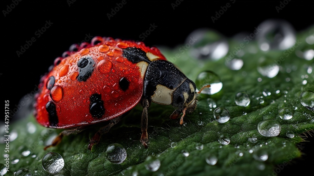 Obraz premium A Detailed Close Up of a Ladybug Covered in Dew Drops on a Green Leaf