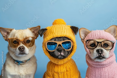Three dogs dressed in colorful sweaters and sunglasses posing against a light blue background during a playful indoor photography session