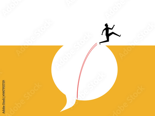Escape from fake news, businessman jumps through speech bubbles