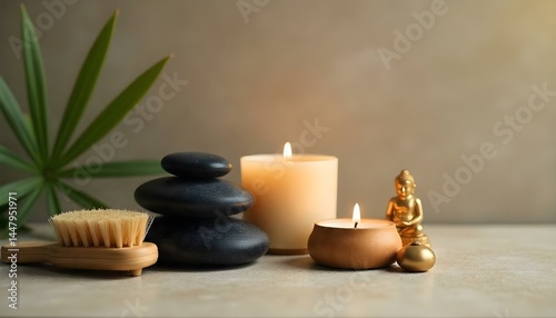 spa cosmetics, stones, massage brush, candle, Buddha figurine on beige surface isolated on grey