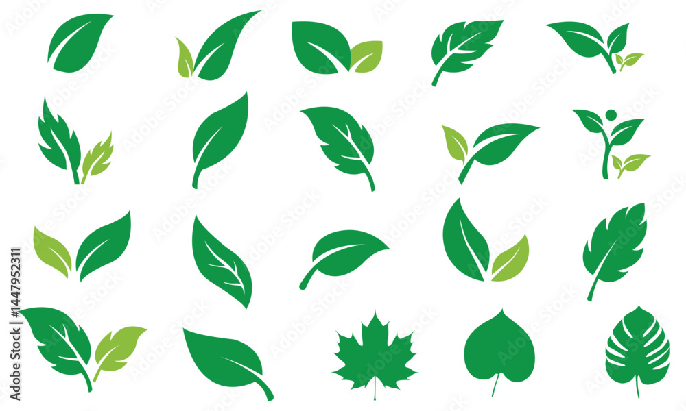 Naklejka premium Green leaf icons set. Leaf, plant, logo, green, leaves, nature symbol icon set of vector designs.