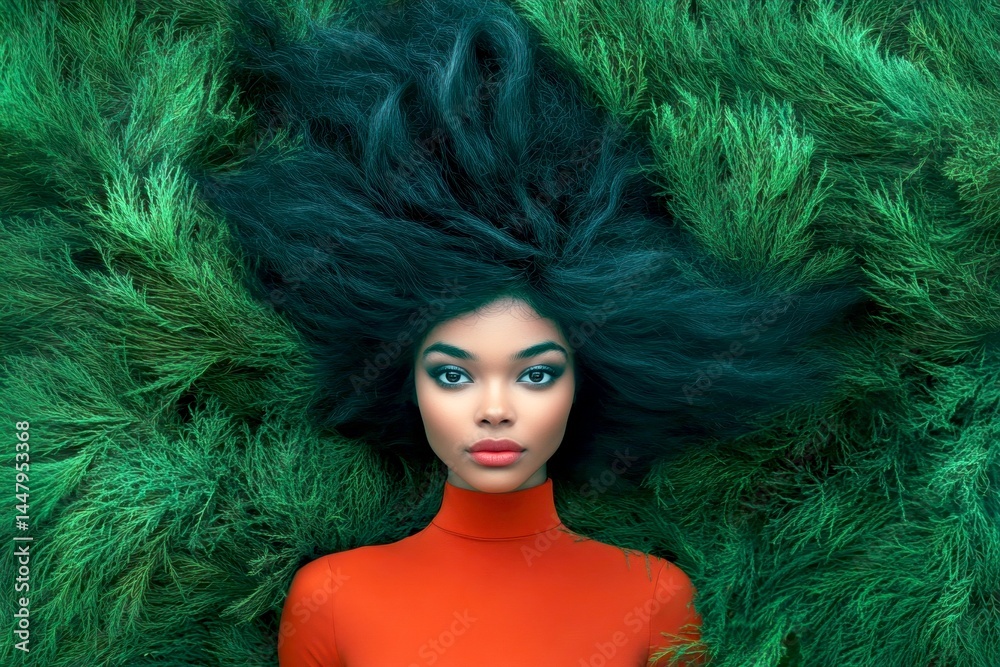 Commercial commercial visual idea. Gorgeous calm black girl - for ads, media and social platforms use. Long haircut - gorgeous bush hair. Chic african glamour. Stunning black hair photography.