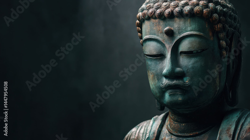 Wallpaper Mural An aged bronze Buddha statue rests peacefully against a deep, dark backdrop, its weathered surface and serene expression radiating tranquility and contemplation. Torontodigital.ca