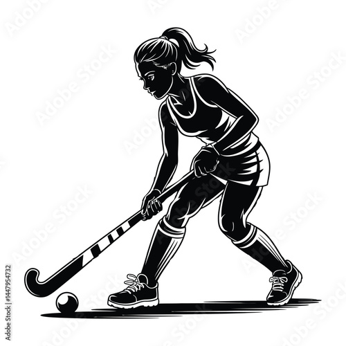 Female Field Hockey Silhouette Vector Design.
