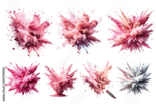 Colorful explosions of powder pigments in shades of pink and gray, creating dynamic patterns on a white background