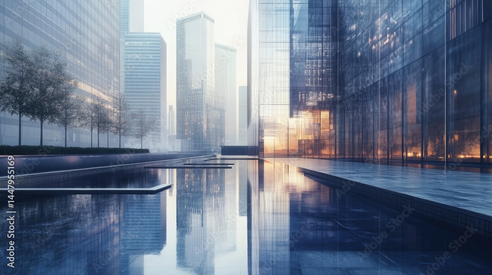 Reflective Cityscape: Modern Architecture and Tranquil Water Reflective Cityscape: Modern Architecture and Tranquil Water