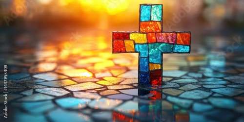Colorful stained glass cross stands on a mosaic surface as sunlight creates a warm atmosphere during sunset