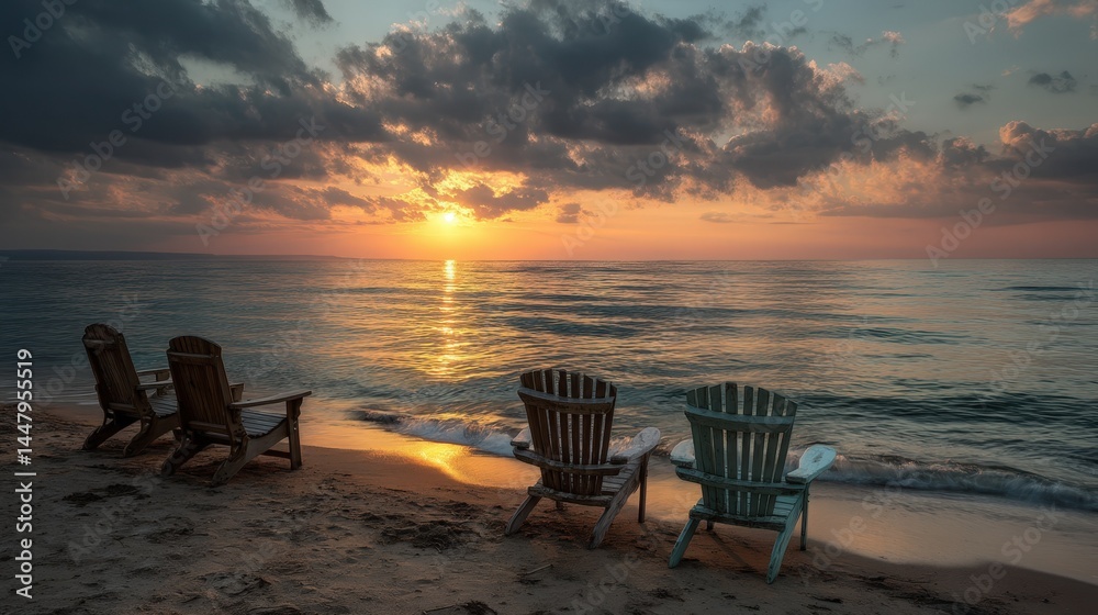 Serene Sunset Beach Scene with Adirondack Chairs Facing Ocean Waves Serene Sunset Beach Scene with Adirondack Chairs Facing Ocean Waves