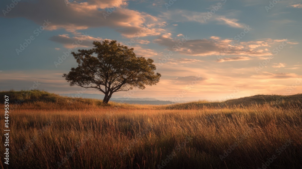 Fototapeta premium Serene Sunset Landscape Lone Tree in Golden Grassland under a Dramatic Sky