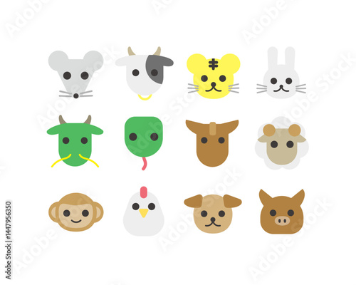 十二支の顔アイコンイラスト：シンプルでキュートなデザイン - Twelve Zodiac Animal Face Icon Illustration: Simple and Cute Design