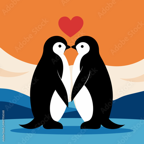 Vector art illustration of penguins in love on the beach