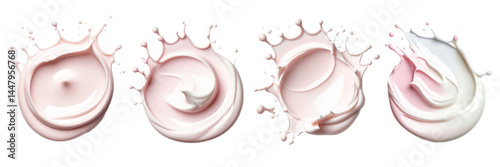 Pink and white cream splashes with different textures on a white background showcasing fluid motion and beauty products