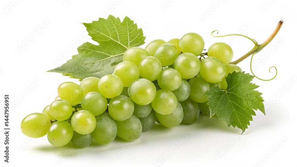 Fresh Green Grapes with Leaves on White Background Fresh Green Grapes with Leaves on White Background