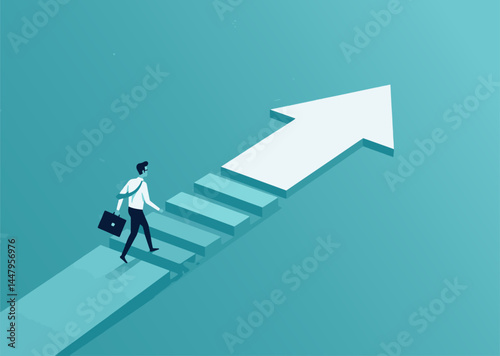 Conceptual illustration of a businessman climbing stairs toward an upward arrow, symbolizing career growth, ambition, leadership, and achievement, representing strategic progress and business success.
