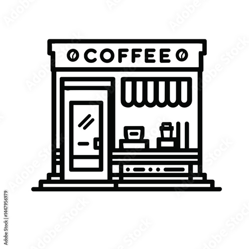 Minimalistic illustration of a coffee shop storefront with striped awning and coffee equipment