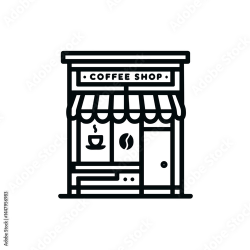 Minimalistic black-and-white line art illustration of coffee shop storefront icon