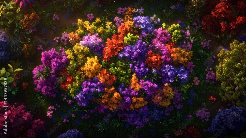 Fototapeta premium A vibrant cluster of multicolored flowers blooms in a lush garden, viewed from above, creating a striking, colorful display in nature.