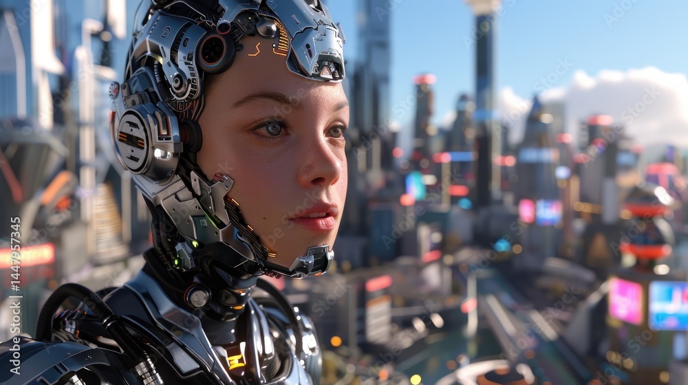 Fototapeta premium Futuristic cityscape view through metallic robot head.