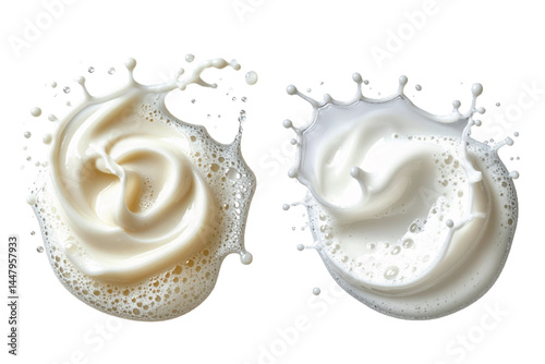 Splashes of creamy liquid and milk forming dynamic shapes against a white background, showcasing fluid motion and texture