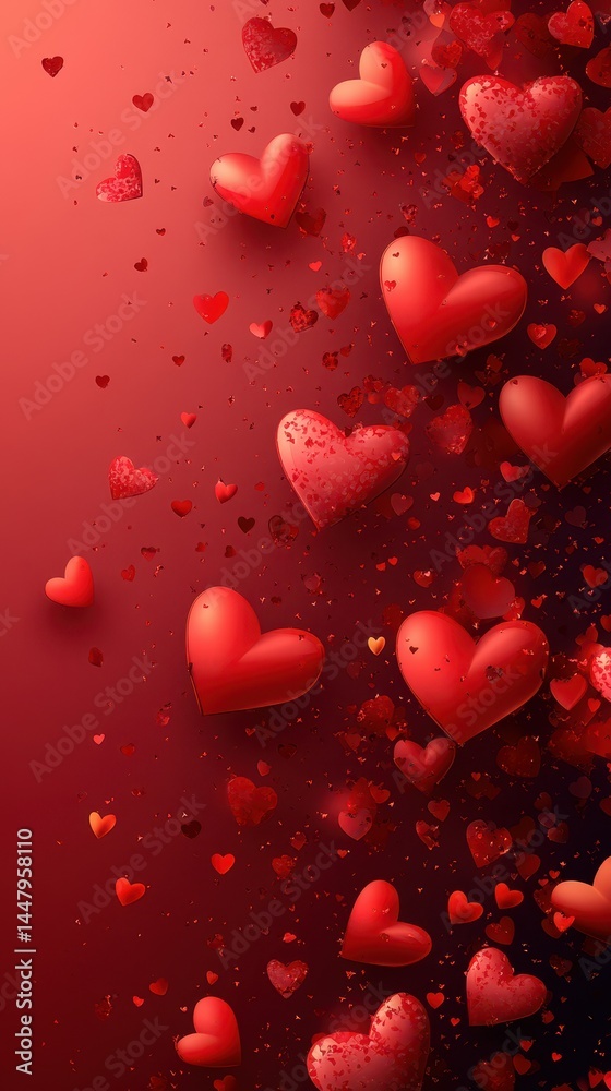 Vibrant red hearts falling against a deep crimson background in a celebration of love and affection Vibrant red hearts falling against a deep crimson background in a celebration of love and affection
