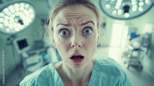 Shocked Woman in Operating Room: Wide Eyes, Open Mouth, Fear, Medical Emergency