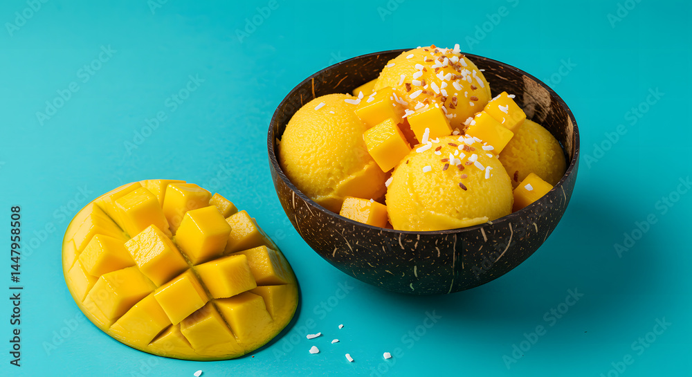 Mango Sorbet in Coconut Shell Bowl Mango Sorbet in Coconut Shell Bowl