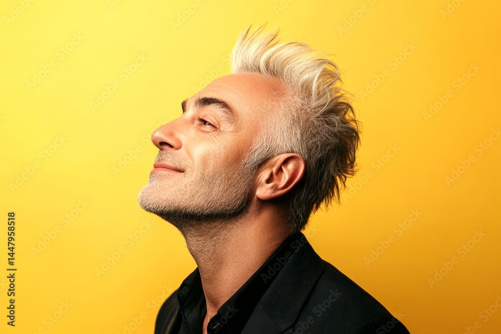 Yellow solid background. Trendy men's colored punk haircut - midlife white man with blond hair. A gentle smile lighting up a male’s face. Concept art artwork of style for aging men.