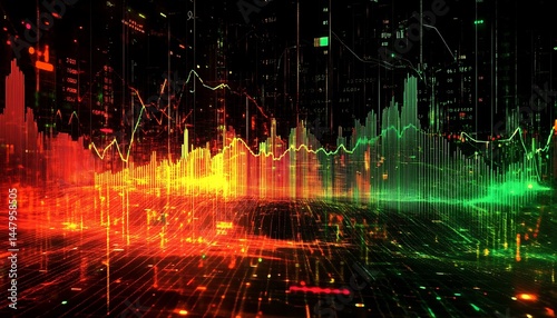 Wallpaper Mural Abstract Glowing Financial Chart with Line Graphs and Bar Graphs on Black Torontodigital.ca