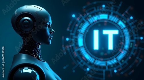 Robot with 'IT' text. Optimized for technology and business contexts. Ideal for illustrating concepts related to artificial intelligence, information technology, and automation.