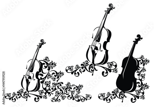 cello among blooming rose stems - string instrument with garden flowers black and white vector design set