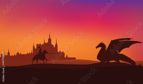 hero knight riding horse and fighting mythical dragon by fairy tale medieval castle at sunset - fantasy legend vector silhouette scene