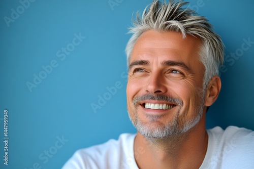 Elegant men's high and tight haircut - midlife white man with white hair. A fashionable man posing for a stylish portrait. Blue solid background. Conceptual art of style for aging men.