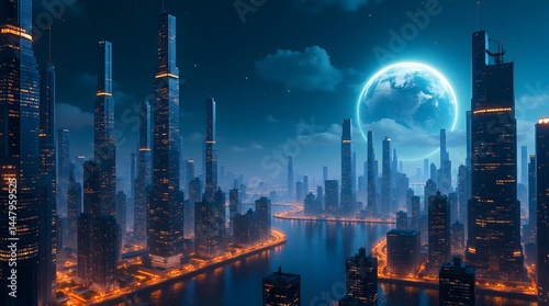 Futuristic city skyline at night with glowing lights and a large moon. Best for technology, urban development, and science fiction themes.