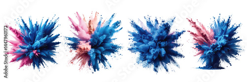 Abstract colorful explosions of blue and pink pigments creating a vibrant visual effect with splashes and particles