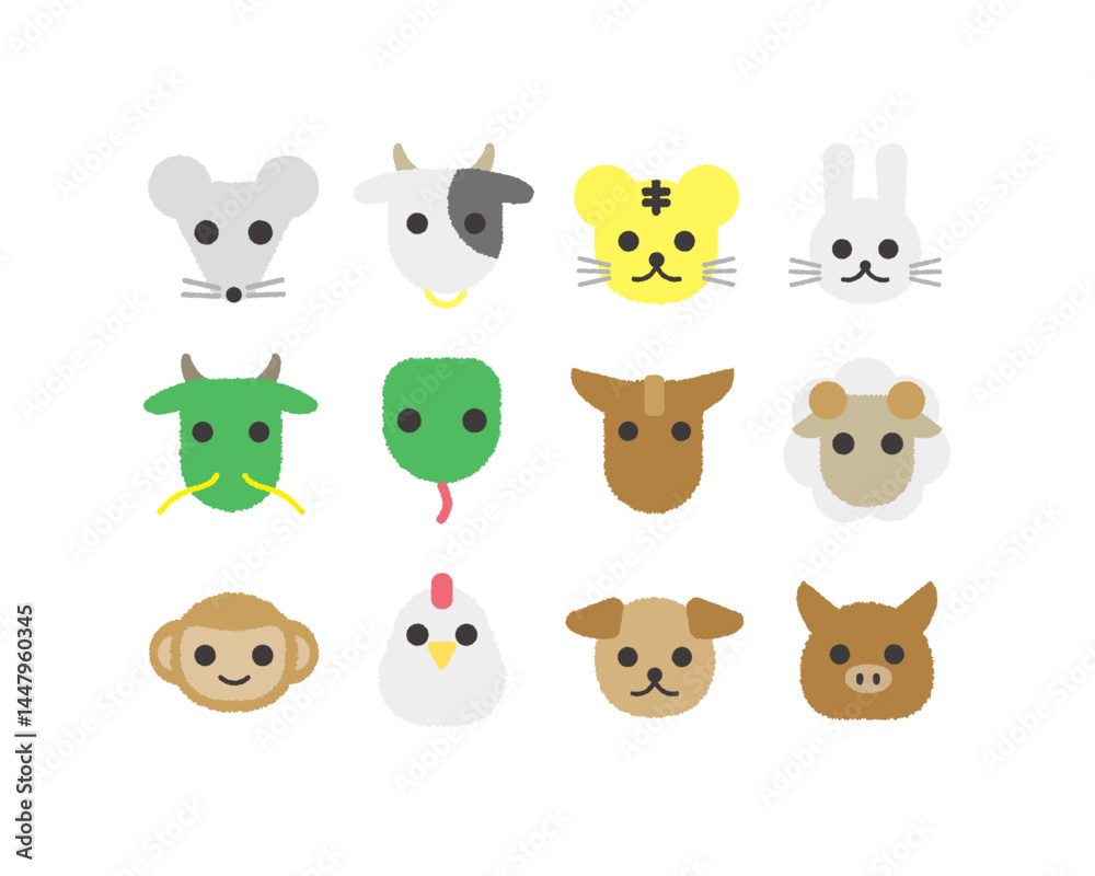 Fototapeta premium 十二支の顔アイコンイラスト(手書き風)：シンプルでキュートなデザイン - Twelve Zodiac Animal Face Icon Illustration(Hand-drawn): Simple and Cute Design