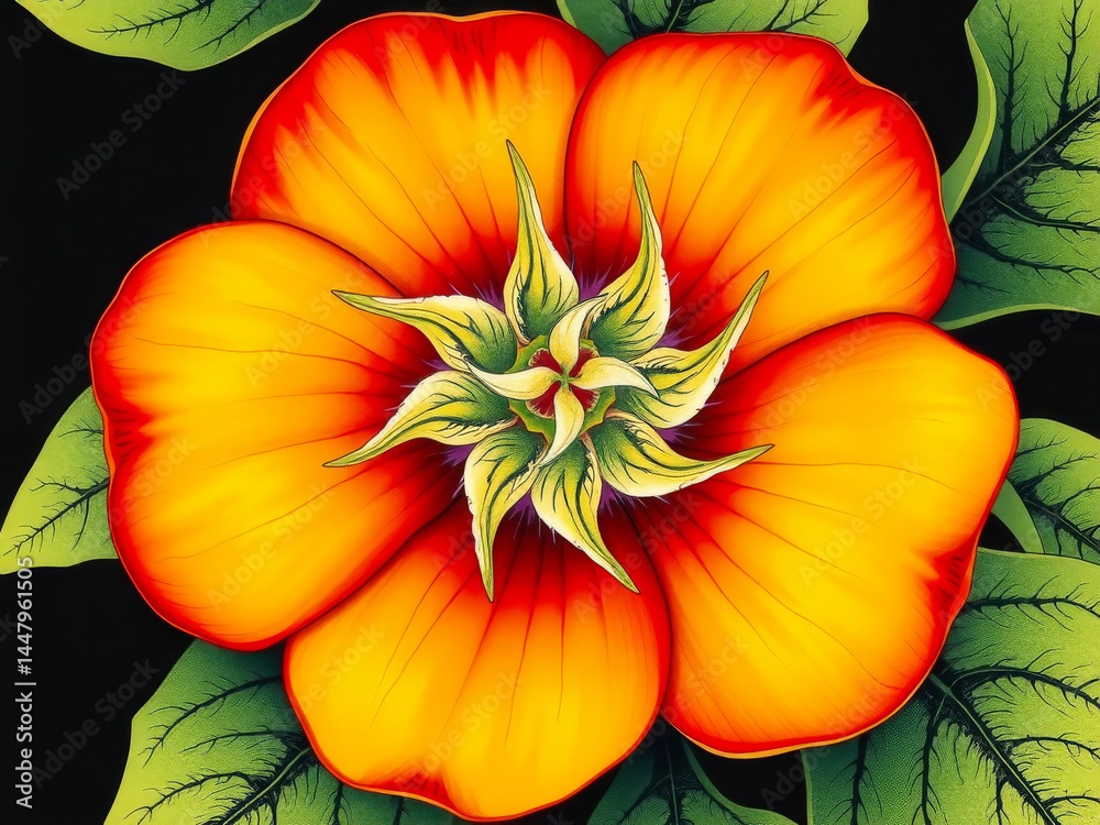 A close up of a yellow flower with green leaves. The flower is the main focus of the image and it is a close up of a single flower. The flower is surrounded by green leaves, which add a sense of depth