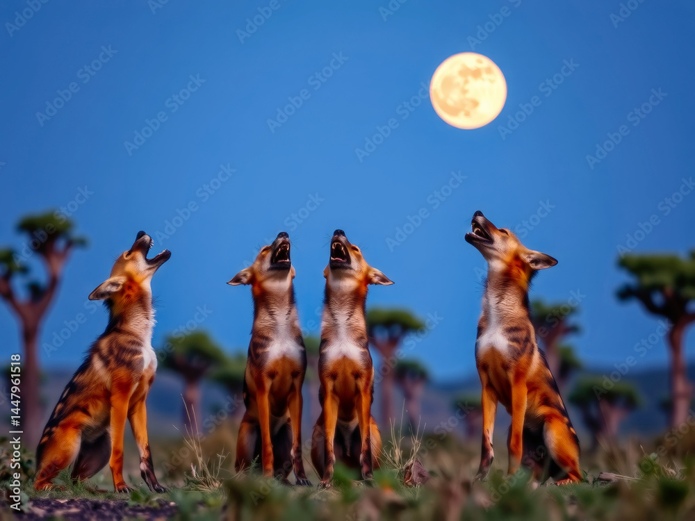 A group of four dogs are standing in a field and howling at the moon. Scene is one of wildness and freedom, as the dogs are free to express themselves and their natural instincts