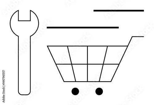 Minimalist wrench next to shopping cart conveys tools, repair, online shopping, or services. Ideal for e-commerce, retail, maintenance, sustainability, logistics technology marketing flat simple