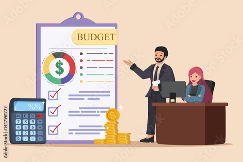 Financial Budget Presentation Businessman Explaining Budget Details with Calculator, Coins, and Graph to a Woman.