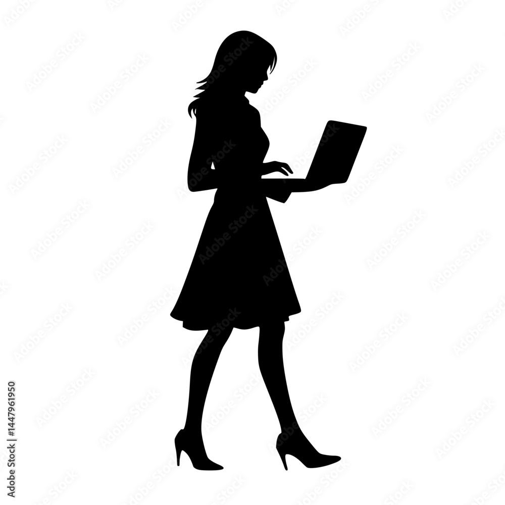 Silhouette of a woman walking while using a laptop, transparent background Silhouette of a woman walking while using a laptop, transparent background