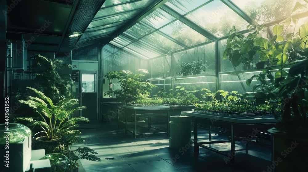 Sunlit Greenhouse Interior with Lush Greenery and Modern Tables Sunlit Greenhouse Interior with Lush Greenery and Modern Tables