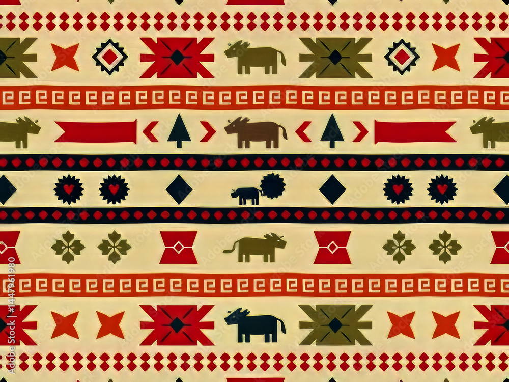 A colorful pattern of animals and trees is displayed on a white background. The pattern is made up of various shapes and colors, including red, green, and brown. The animals include cows, deer