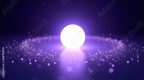 Abstract cosmic scene. Glowing orb with particles. Ideal for science, technology, or futuristic themes.
