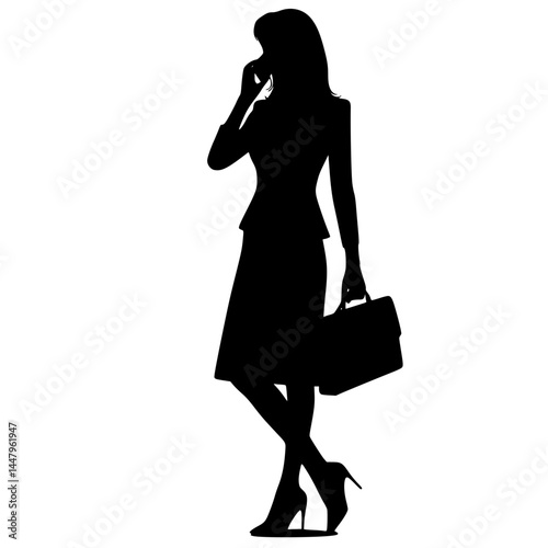 Businesswoman Silhouette talking on the phone with briefcase on Transparent Background  