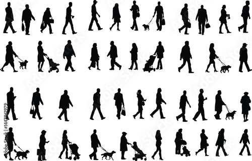 Set of silhouettes of people walking