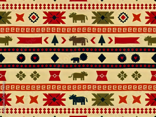 Obraz na płótnie A colorful pattern of animals and trees is displayed on a white background. The pattern is made up of various shapes and colors, including red, green, and brown. The animals include cows, deer w salonie