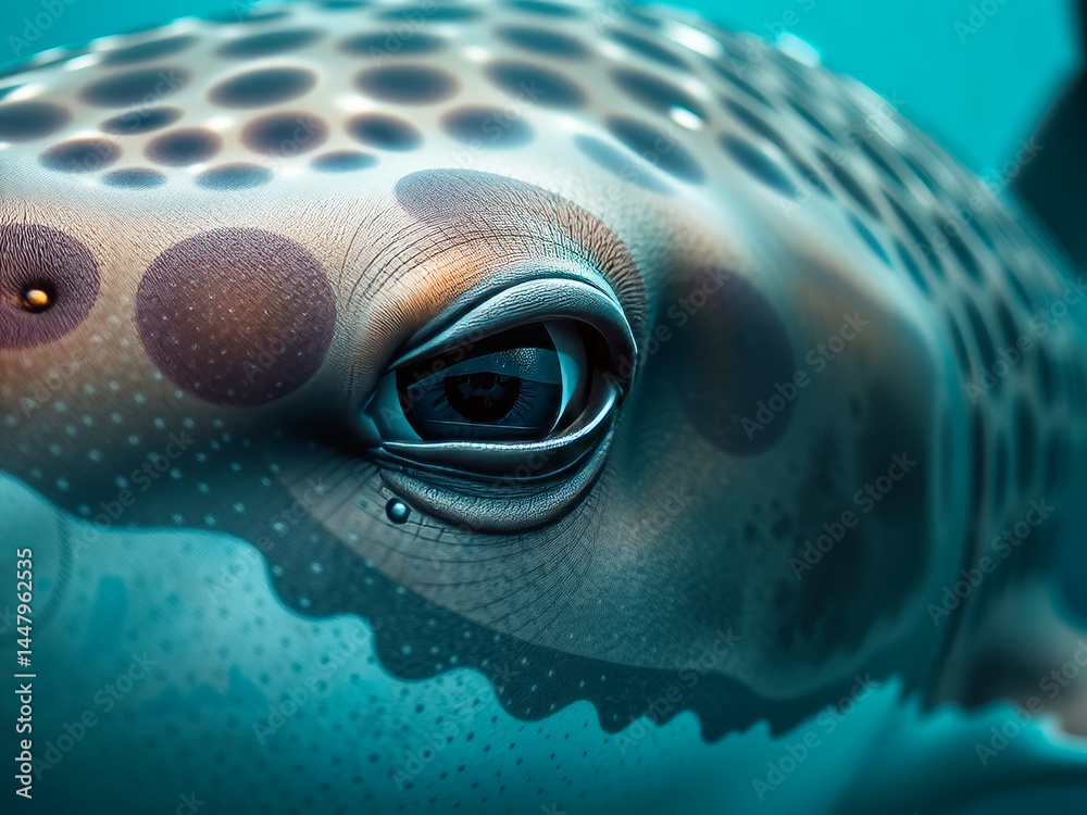 A close up of a shark's eye with a blue background. The eye is surrounded by a pattern of dots