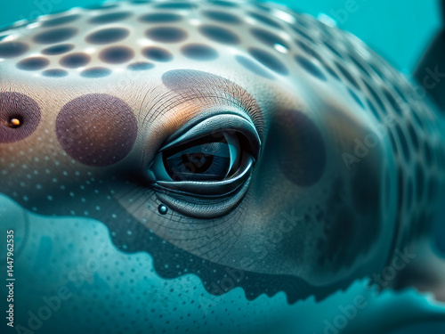 Obraz na płótnie A close up of a shark's eye with a blue background. The eye is surrounded by a pattern of dots w salonie